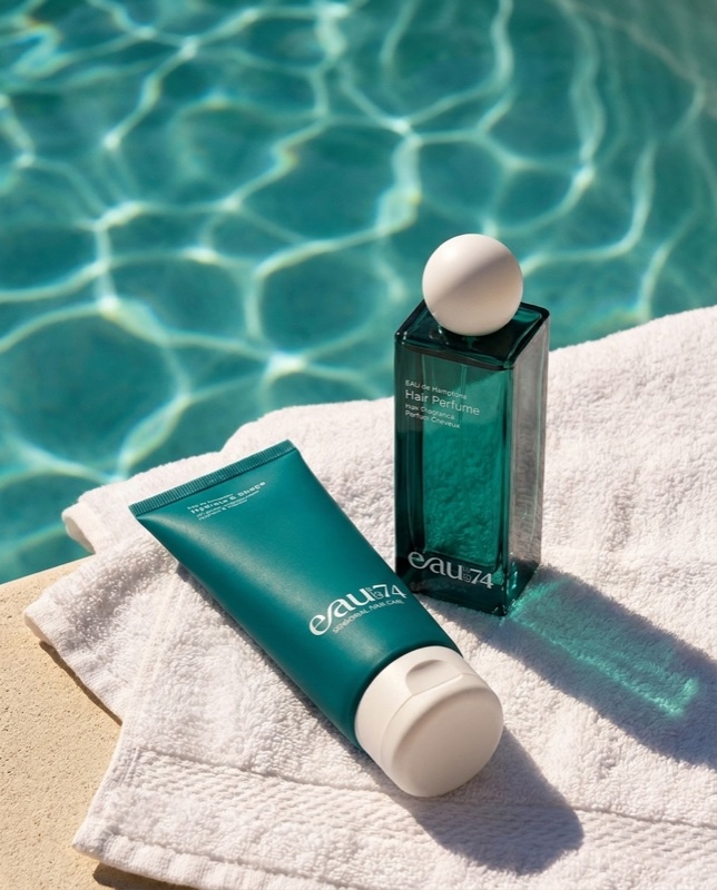 Solvea Hamptons Hair Perfume and Hydrate and Shape on a white towel by the pool